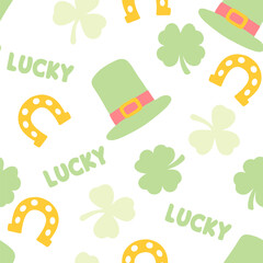 Green leprechaun hat, horseshoes and lucky text seamless pattern St Patrick's day lucky clover background.