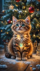 Kitten with Christmas Lights Around Neck by Tree fluffy