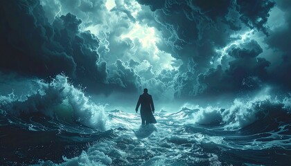 Fototapeta premium A lone figure stands amidst turbulent ocean waters under a dramatic, stormy sky with a bright burst