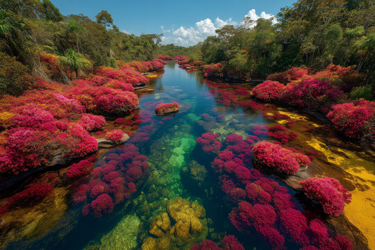 Beautiful landscape of Ca&ntilde;o Cristales river with red aquatic plants