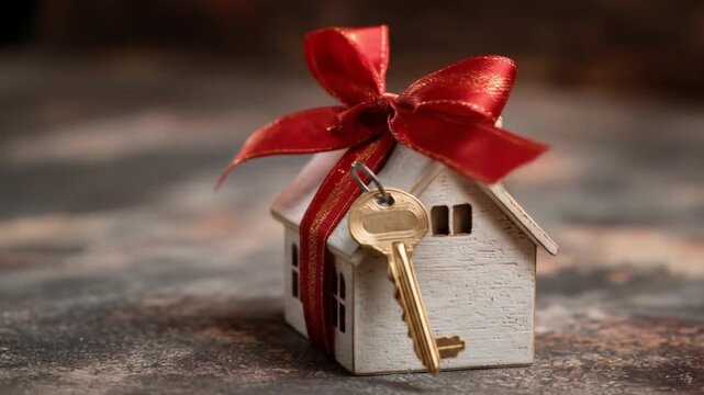 Tiny wooden house tied with red ribbon, key hanging, set on a rustic wooden surface, warm dim light