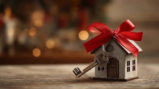 Mini white house tied to a large key with red ribbon, resting on a wooden table, festive warmth glow