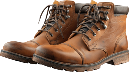 Pair of brown leather men's hiking boots with laces and sole isolated on a white background