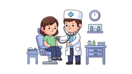 Cheerful pediatrician examining happy young patient with stethoscope in bright clinic setting for wellness checkup