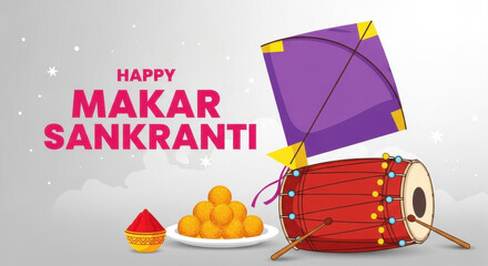 Festive Makar Sankranti Celebration: Kite, Drum, Sweets and Auspicious Occasion Vector