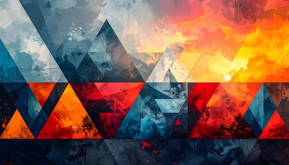 Abstract geometric blend of cool blues & warm oranges, overlaid with semi-transparent triangles and painterly texture