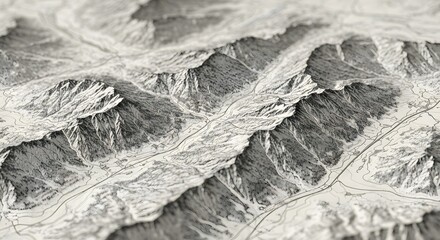 Detailed topographic map showing mountain ranges and valleys for travel planning or landscape design projects, excellent for cartography and geographical studies