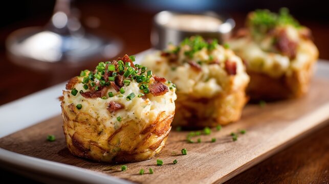 Stuffed mashed potato nests with bacon and chives