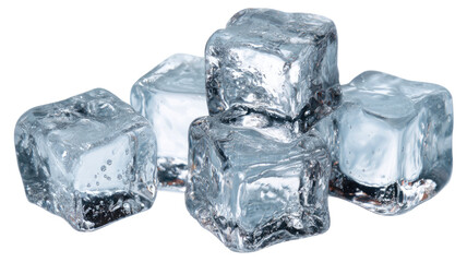 Clear frozen water cubes on a white isolated background with melting drops and a slight blue reflection
