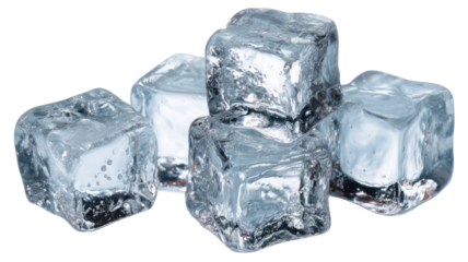 Clear frozen water cubes on a white isolated background with melting drops and a slight blue reflection