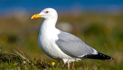 A white and grey seagull stands on green grass near the sea, with a bright yellow beak and intense red eyes