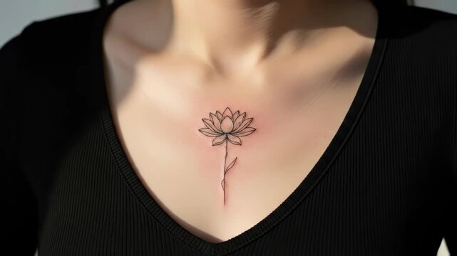Closeup sequence of a flower tattoo being revealed on a woman's collarbone in natural lighting