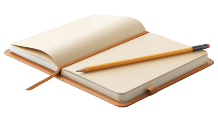 Open vintage leather notebook and pen on an antique blank page for school education and business notes