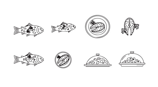 Collection of hand drawn fish and seafood dishes celebrating culinary delights and ocean flavors vector