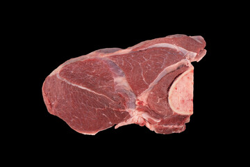 Raw fresh meat. Ribeye steak with bone isolated on black background. Ribeye fresh raw beef steak
