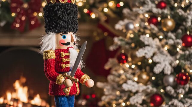 Knitted nutcracker soldier standing with a sword, against a background of a fireplace and a decorated Christmas tree.