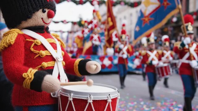 Knitted christmas toy soldier drumming during festive winter holiday parade. Handmade decor for new year celebration and winter season.