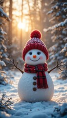 Smiling snowman with red hat and scarf in a snowy forest