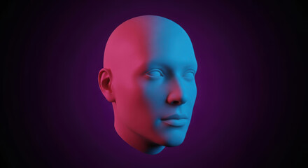 A 3d model of a human head, illuminated by blue and red neon light, on a purple background.