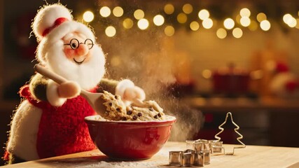 Knitted santa claus toy mixes cookie dough in a red bowl with flour dust, surrounded by christmas lights and cookie cutters - Powered by Adobe
