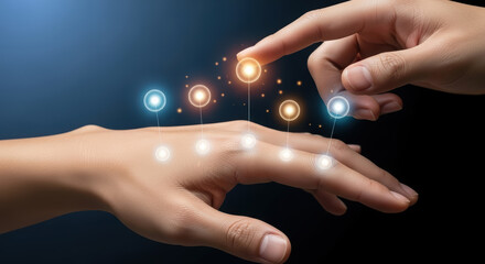 Asian hands demonstrating healing techniques with glowing energy points above the palm, showcasing the concept of traditional medicine and holistic health practices in a serene atmosphere