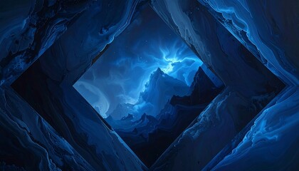 Abstract fractal design showing blue peaks and nebula through a geometric frame with organic rock-like texture