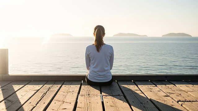 Woman Sitting Alone on Dock Gazing at the Ocean During Sunset