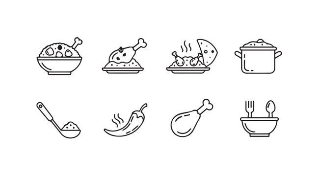 Hand drawn food icons featuring a chicken leg stew bowl and kitchen utensils vector