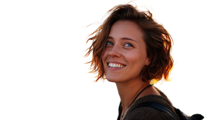 Portrait of a smiling young brunette woman with long hair blowing in the wind