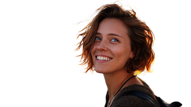 Portrait of a smiling young brunette woman with long hair blowing in the wind - Powered by Adobe