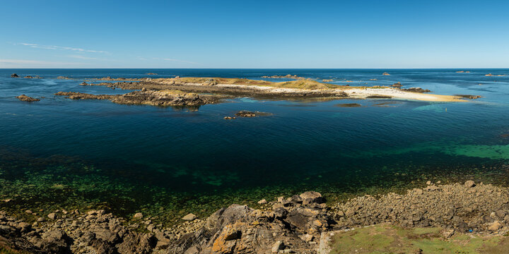 Panoramic coastal view of Perros Guirec France with sunny summer sky