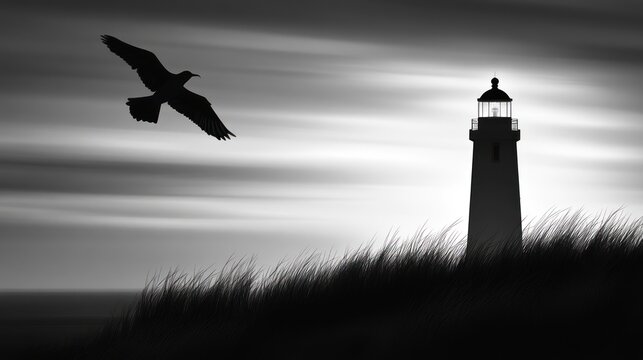 Lighthouse Silhouette with Flying Bird
