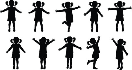 Silhouette girl poses, child movement illustration, playful character design, expressive body language, black figure art, animation reference, vector set © Arafat World