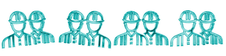 Set of four 3D engineer workers shapes in frosted blue ice glass style, isolated on a transparent background. Glassmorphism icons and 3D elements for modern graphic design.