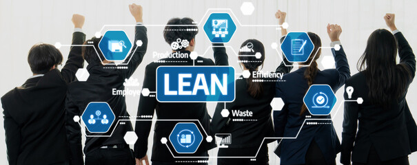 A diverse business team stands together, celebrating the adoption of lean principles to boost efficiency and foster collaboration in the workplace. Amity