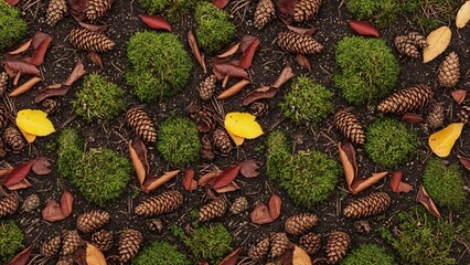 Forest floor composition with moss, pine cones, and autumn leaves.