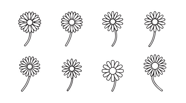 Collection of eight stylized daisy flower icons with gentle curving stems for decorative purposes vector