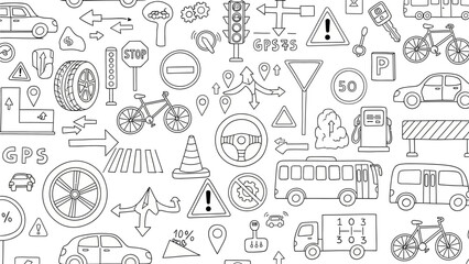Creative transportation and traffic doodle illustration featuring road signs, vehicles, bicycles, GPS icons and road safety elements in seamless pattern © Hussnain