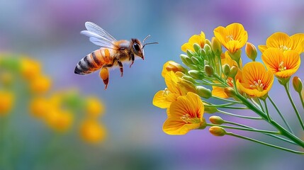 Bee Flying Towards Yellow Flowers in Bloom