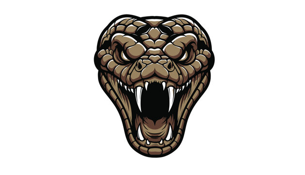 A detailed illustration of a snake's head with fangs and scales, looking aggressive and menacing.