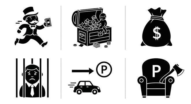 "Icons depicting wealth, crime, parking, and leisure activities, illustrating a range of social and economic themes."
