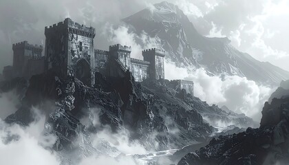 A castle perched atop a rocky mountain, shrouded in mist with a powerful, imposing atmosphere