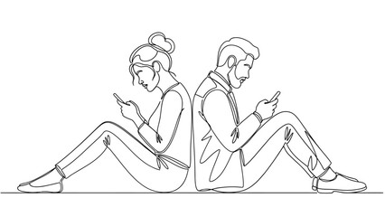Modern digital isolation A man and woman sit back-to-back, engrossed in their smartphones, depicting communication breakdown and societal impact of screens
