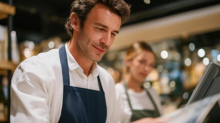 A retail store supervisor restocking shelves alongside employees, scanning barcodes with a handheld device while mentoring new staff — hands-on leadership, customer-focused retail operations, and