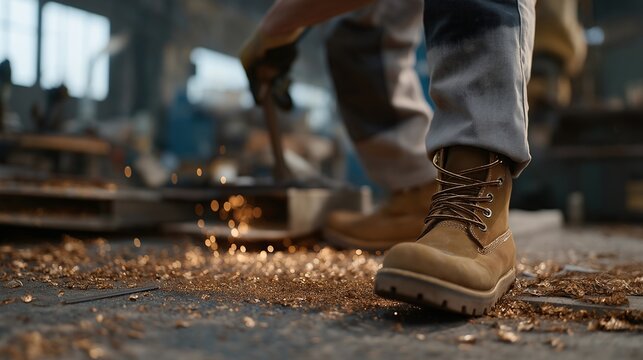 A mechanic sweeping debris from a garage floor after cutting metal components, sparks and shavings forming a textured mosaic beneath work boots — workshop environment, metal fabrication workflow, - Powered by Adobe