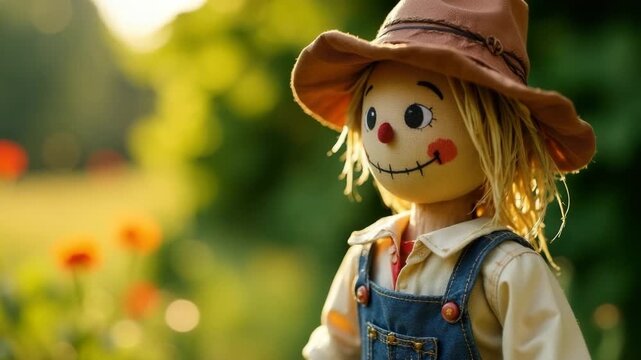 A cheerful scarecrow doll stands in a garden filled with flowers. The doll has a straw hat, a painted face, and wears denim overalls with a red tie.