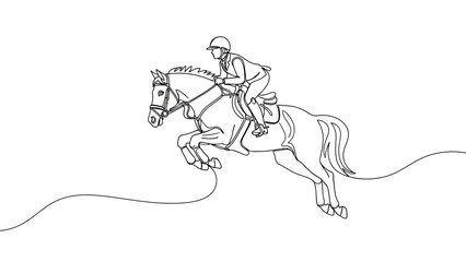 Continuous line drawing of a skilled equestrian rider gracefully guiding a jumping horse in mid-air motion.
