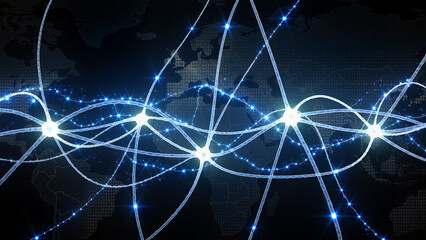 Global connections shown through light lines across a dark map of the world at night Generative AI