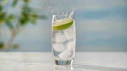 Enjoying a cool drink with lime and ice on a warm day by the water in a sunny outdoor setting Generative AI