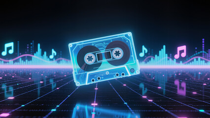 Vintage cassette tape floating above sound waves with music notes at night Generative AI